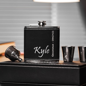 Engraved Matte Black Leather Groomsmen Flask Gift Set