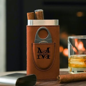 Gepersonaliseerde monogram sigarenkoker met snijder - sigarenliefhebber reisetui, cadeau voor hem, kunstleren sigarenkoker, cadeau voor echtgenoot