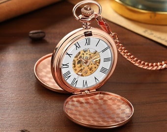 PERSONALISIERTE Doppeljäger Taschenuhr für Männer, Edelstahl Rose Gold Mechanische Taschenuhr Geschenk, Steampunk Taschenuhr,