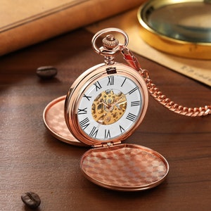 PERSONALIZED Double Hunter Pocket Watch for Men, Stainless Steel Rose Gold Pocket Mechanical Pocket Watch Gift, Steampunk Pocket Watch, image 1