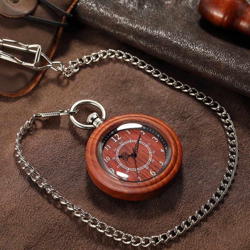 PERSONALIZED Five Year Wood Anniversary gift for Husband, Men's Wood Pocket Watch for Men, Groomsmen Pocket Watch Gift Custom Wood Pocket Red Sandalwood