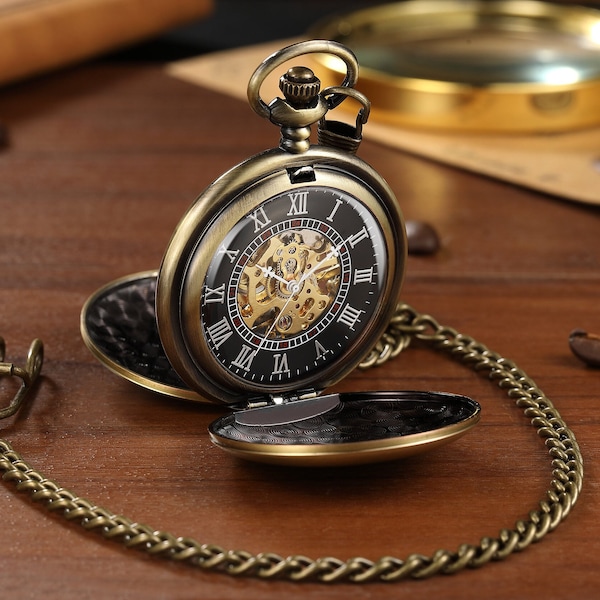 CUSTOM Engraved Mechanical Pocket Watch for Men, PERSONALIZED Pocketwatch Watch for Husband Anniversary, Steampunk  Pocket Watch Engraved