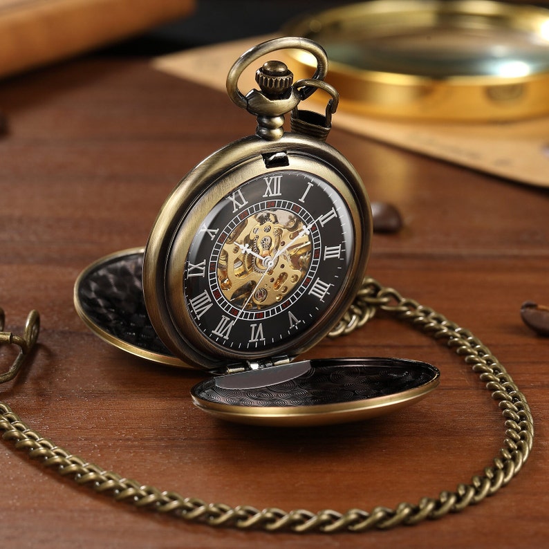 Specialgraverat Steampunk-fickur, bronsdubbeljägarur bild 1