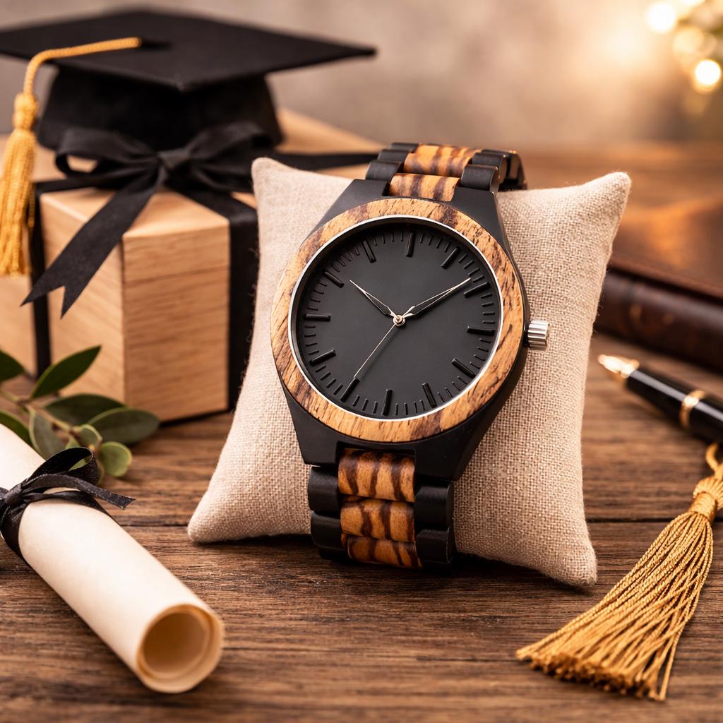 SUPBRO Orologio Da Uomo In Legno Con Movimento Quarzo Giapponese - Design Analogico Moderno, Cinturino Pelle Marrone, Quadrante Nero - 3