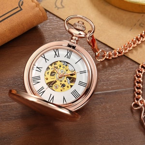 Montre de poche double chasseur personnalisée pour homme, cadeau de montre de poche mécanique en acier inoxydable de poche en or rose, montre de poche steampunk, image 3