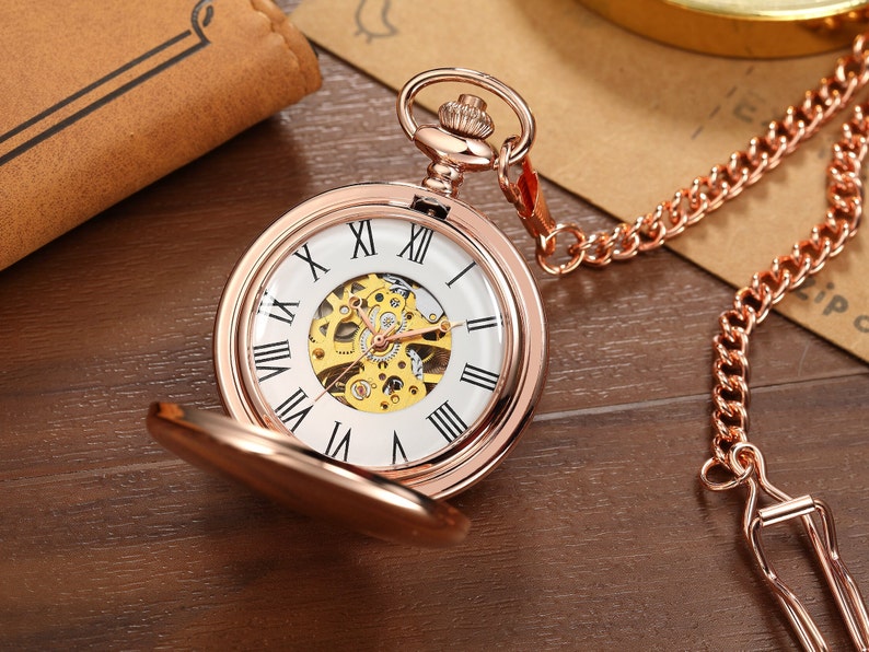 Montre de poche double chasseur personnalisée pour homme, cadeau de montre de poche mécanique en acier inoxydable de poche en or rose, montre de poche steampunk, image 3