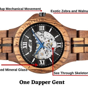 Personalized Wood Mechanical Skeleton Watch Custom Engraved Men's Watch image 5