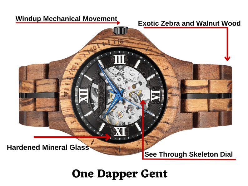 Personalized Wood Mechanical Skeleton Watch Custom Engraved Men's Watch image 5