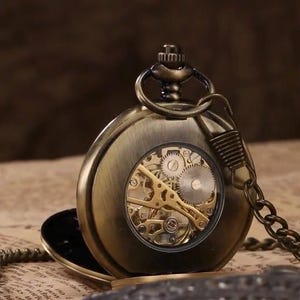 Specialgraverat Steampunk-fickur, bronsdubbeljägarur bild 9