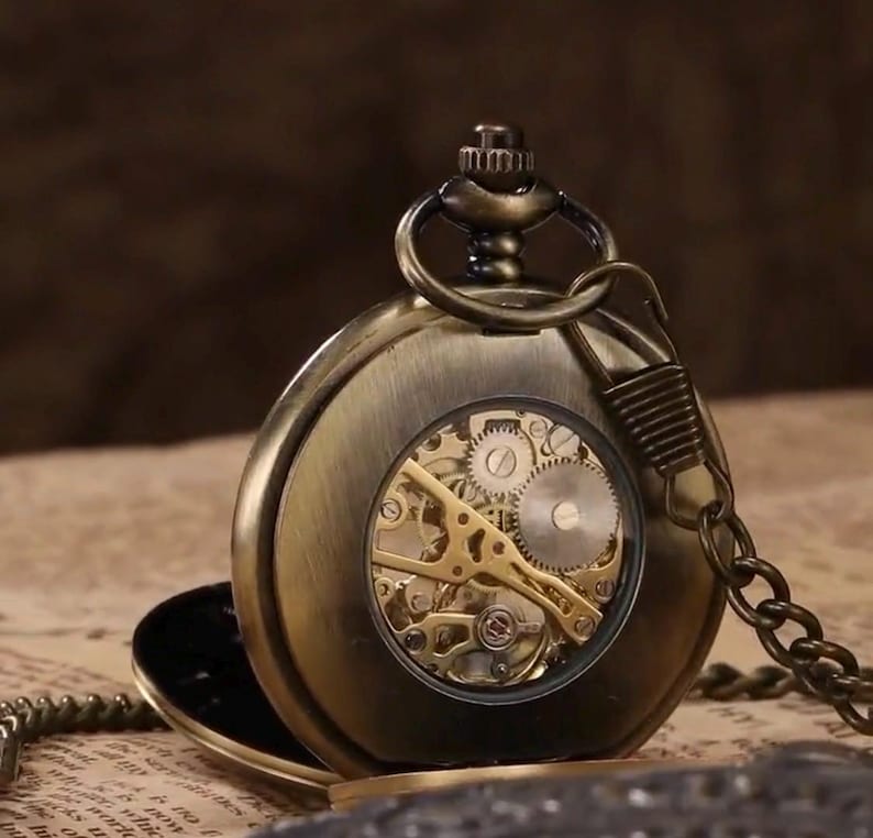 Specialgraverat Steampunk-fickur, bronsdubbeljägarur bild 9