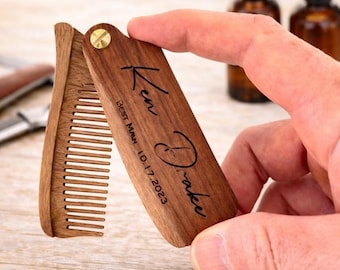 Personalized Folding Wood Beard Comb, Engraved Travel Grooming Tool with Leather Case