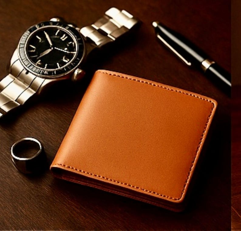 Tan leather bifold wallet displayed on a dark wooden surface beside a silver wristwatch, a black and gold pen, and a metal ring, creating a clean, classy, masculine aesthetic.