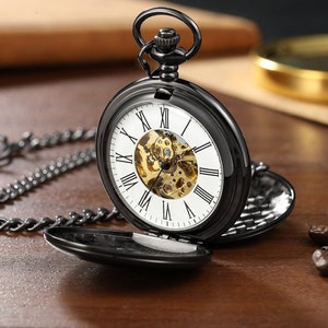 PERSONALIZED Double Hunter Pocket Watch for Men, Stainless Steel Black Vintage Pocket Mechanical Pocket Watch Gift, Retro Pocket Watch Gift,