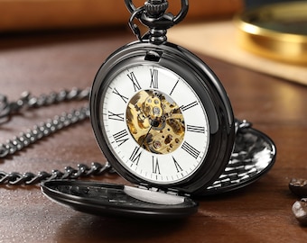 PERSONALISIERTE Double Hunter Taschenuhr für Männer, Edelstahl Schwarz Vintage Taschenuhr mechanische Taschenuhr Geschenk, Retro Taschenuhr Geschenk,