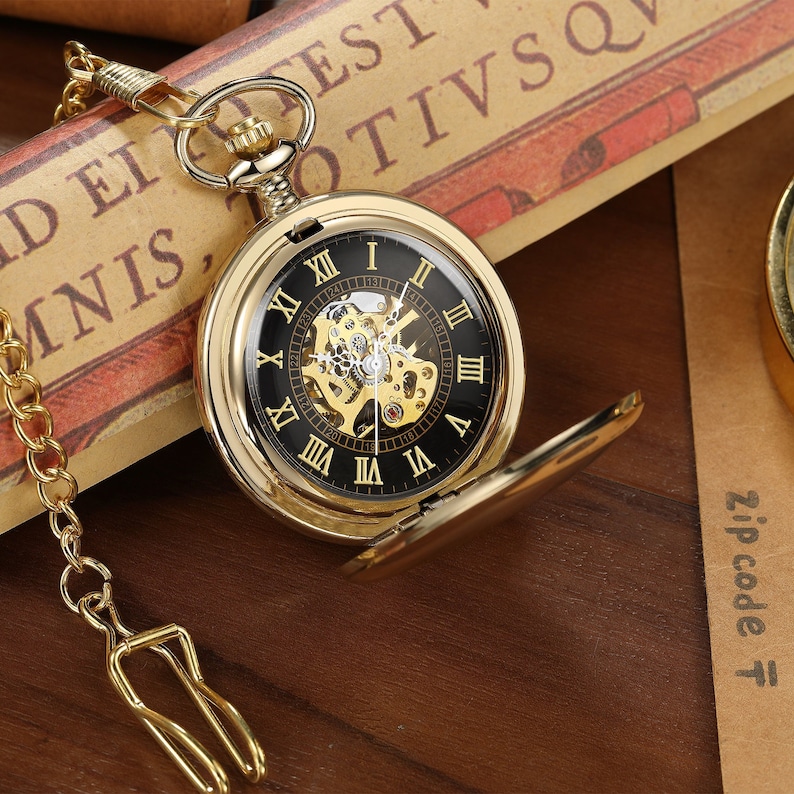 Reloj de bolsillo de doble cazador personalizado para hombres, regalo de reloj de bolsillo mecánico de bolsillo vintage de oro de acero inoxidable, regalo de reloj de bolsillo retro imagen 2