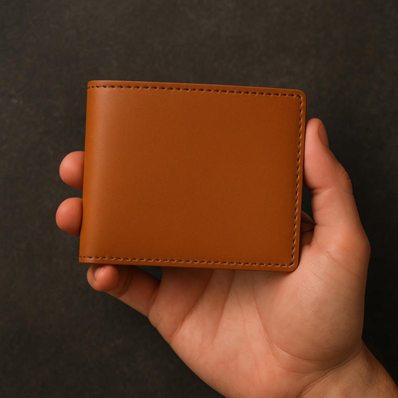 Hand holding a tan leather bifold wallet with clean stitching, shown against a dark textured background for a simple, modern presentation.