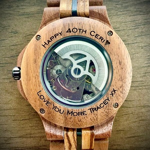 Wood STEAMPUNK Watch, Skeleton Watch Personalized, CUSTOM Engraved Mechanical Wood Watch for Men, PERSONALIZED Wood Watch for Hubsand image 2
