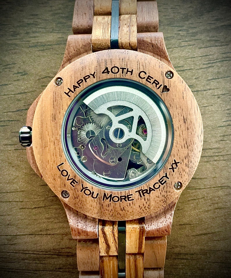 Wood STEAMPUNK Watch, Skeleton Watch Personalized, CUSTOM Engraved Mechanical Wood Watch for Men, PERSONALIZED Wood Watch for Hubsand image 2