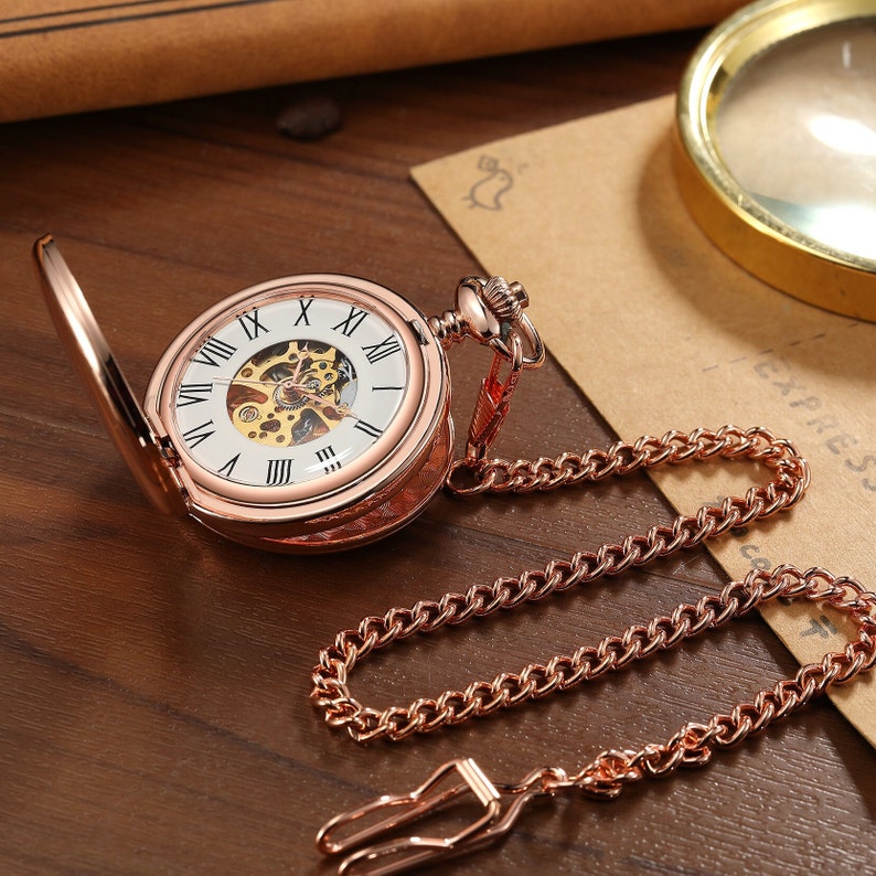 Montre de poche double chasseur personnalisée pour homme, cadeau de montre de poche mécanique en acier inoxydable de poche en or rose, montre de poche steampunk, image 2