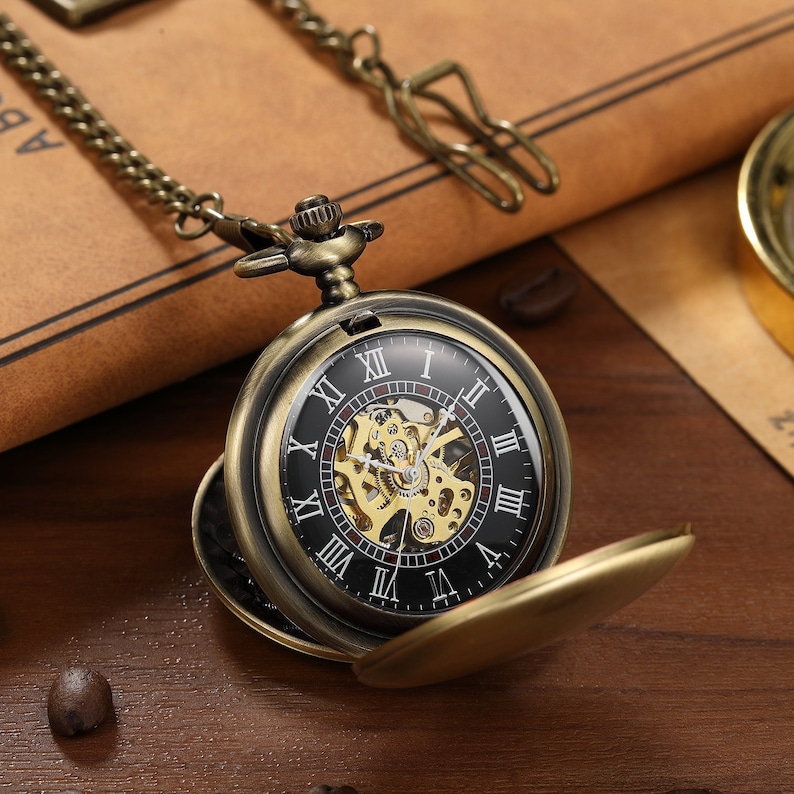 Specialgraverat Steampunk-fickur, bronsdubbeljägarur bild 7