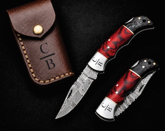 Personalized Damascus Steel Pocket Knife, Custom Engraved Folding Knife, Leather Sheath Included
