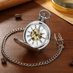 PERSONALIZED Double Hunter Pocket Watch for Men, Stainless Steel Silver Vintage Pocket Mechanical Pocket Watch Gift, Retro Pocket Watch Gift image 2