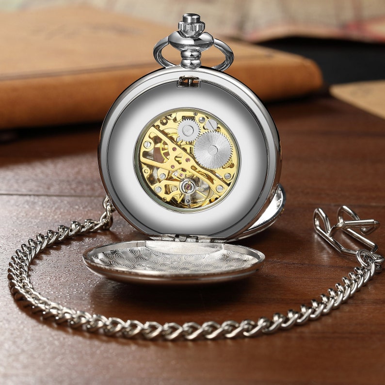 PERSONALIZED Double Hunter Pocket Watch for Men, Stainless Steel Silver Vintage Pocket Mechanical Pocket Watch Gift, Retro Pocket Watch Gift image 3