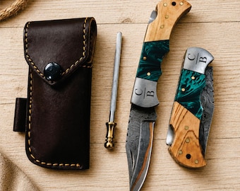Personalized Damascus Pocket Knife, Handmade Copper Forged Blade, Olive Wood Handle, Engraved Knife, Anniversary Gift Groomsman