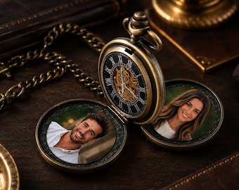 NEW! Custom Photo Engraved Steampunk Pocket Watch, Bronze Double Hunter