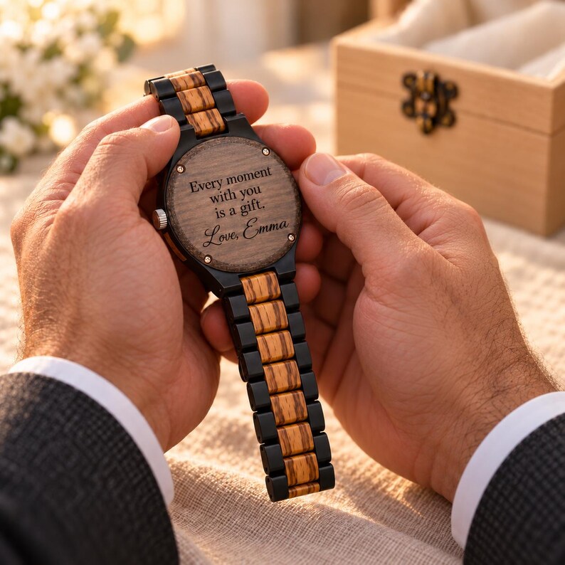 May include: A wristwatch featuring a dark wood and black metal link band. The circular watch back is engraved with the text: Every moment with you is a gift. Love, Emma. The watch has a silver crown on the side and four small screws.