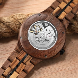 Personalized Wood Mechanical Skeleton Watch Custom Engraved Men's Watch image 4