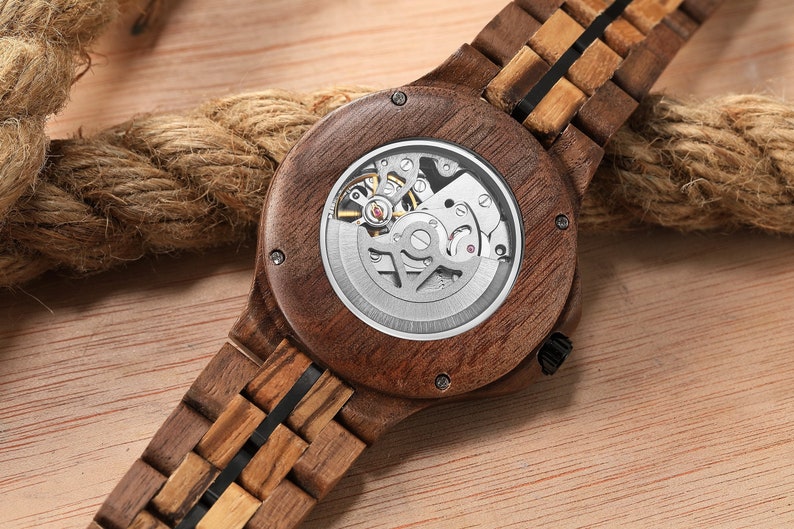 Personalized Wood Mechanical Skeleton Watch Custom Engraved Men's Watch image 4