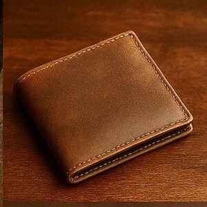 Brown leather bifold wallet with clean stitching, displayed on a warm wooden surface for a classic, masculine, gift-ready presentation.