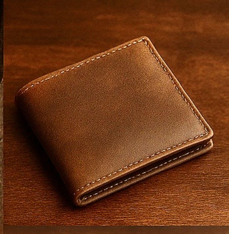 Brown leather bifold wallet with clean stitching, displayed on a warm wooden surface for a classic, masculine, gift-ready presentation.