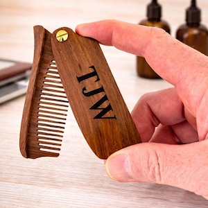 Personalized Wood Beard Comb, Engraved Folding Comb with Leather Case, Father's Day Gift