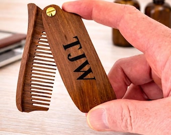Personalized Wood Beard Comb, Engraved Folding Comb with Leather Case, Father's Day Gift