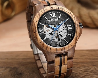 Wood STEAMPUNK Watch, Skeleton Watch Personalized, CUSTOM Engraved Mechanical Wood Watch for Men, PERSONALIZED Wood Watch for Hubsand