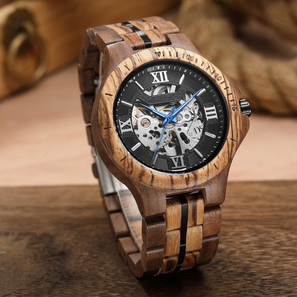 Engraved Wood Skeleton Watch: Steampunk Mechanical Watch for Men