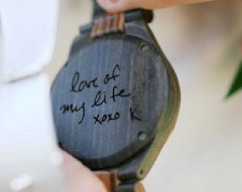 ENGRAVED HANDWRITING, Engraved Photo, Personalized Wood Watch, Engraved Wood Watch