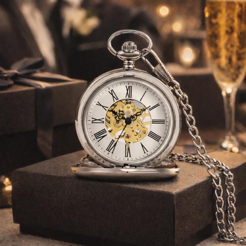 Specialgraverat Steampunk-fickur, bronsdubbeljägarur bild 8