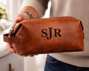 Neceser de cuero personalizado, bolsa de aseo grabada para padrinos de boda, kit de afeitado de viaje personalizado.