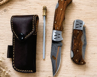 Personalized Damascus Knife, Engraved Pocket Knife for Him, Handmade Olive Wood Copper Blade, Anniversary Father’s Day Groomsman Gift