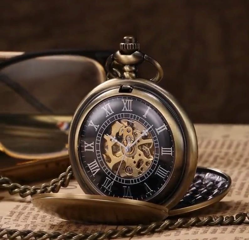 Specialgraverat Steampunk-fickur, bronsdubbeljägarur bild 4