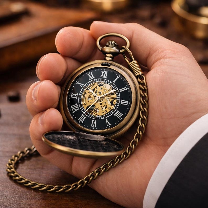 Specialgraverat Steampunk-fickur, bronsdubbeljägarur bild 3