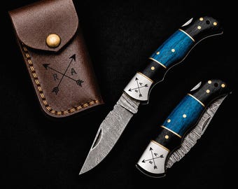 Personalized Damascus Folding Knife, Custom Wood Handle, Retirement Gift for Him