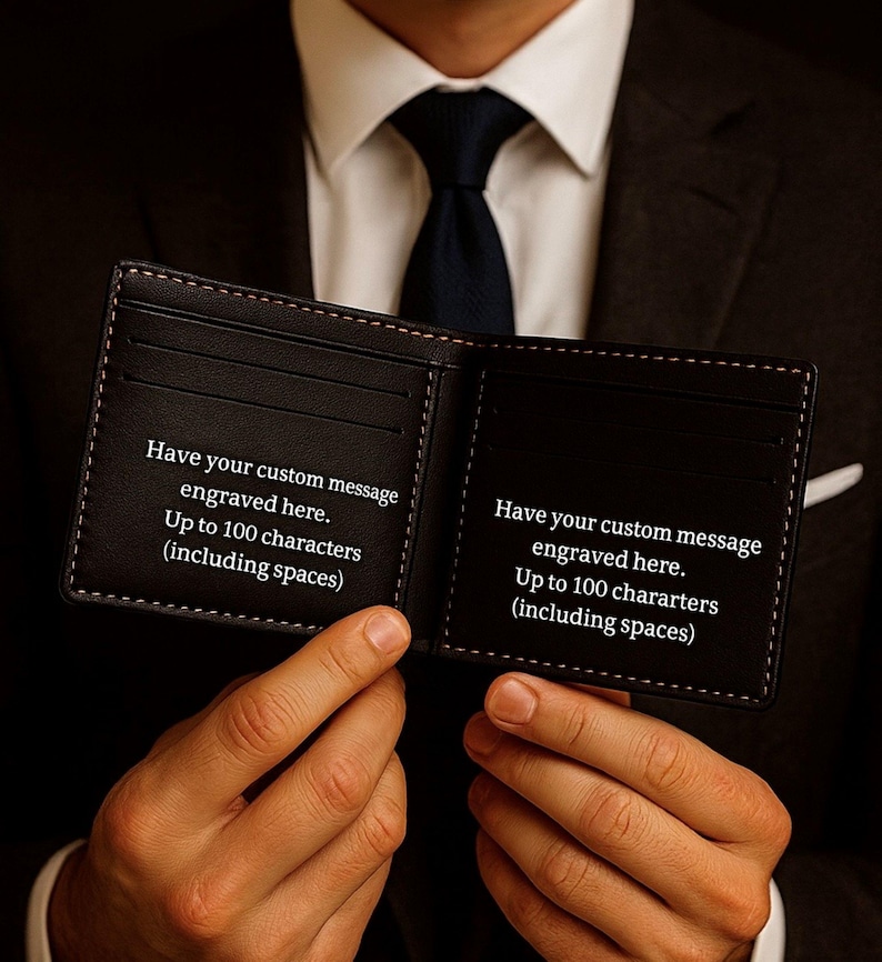 Man in a suit holding open a black leather bifold wallet, showing two interior panels with sample engraving text that reads “Have your custom message engraved here. Up to 100 characters (including spaces).” Wallet features multiple card slots and contrast stitching, presented in a classy, gift-ready style.