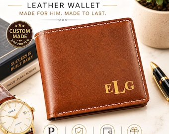 Personalized Leather Bifold Wallet, Custom Engraved for Him, Wedding Gift