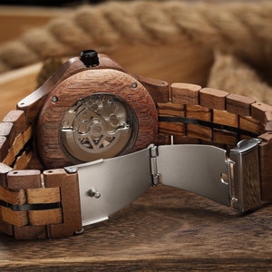 Wood STEAMPUNK Watch, Skeleton Watch Personalized, CUSTOM Engraved Mechanical Wood Watch for Men, PERSONALIZED Wood Watch for Hubsand image 3