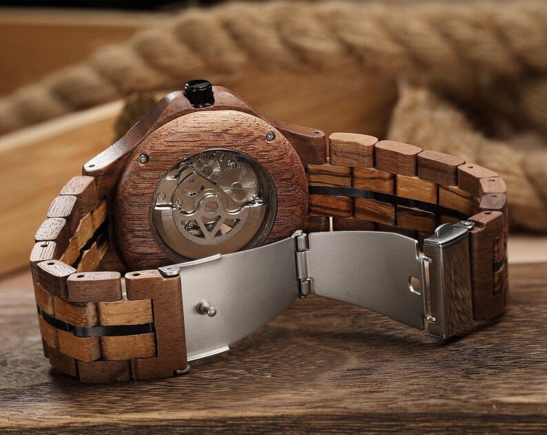 Wood STEAMPUNK Watch, Skeleton Watch Personalized, CUSTOM Engraved Mechanical Wood Watch for Men, PERSONALIZED Wood Watch for Hubsand image 3