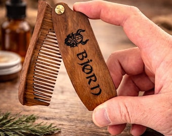 Personalized Wood Beard Comb, Engraved Folding Comb with Leather Case